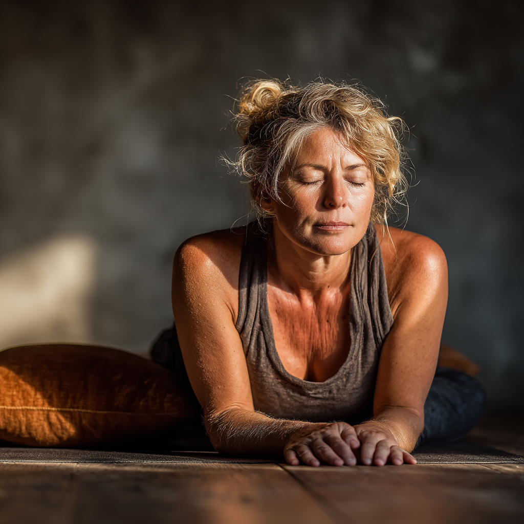 Людина зрілого віку практикує йогу на природі